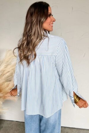 Sky Blue Stripe Shirred Detail Half Placket Collared Long Sleeve Fall Shirt - Image 2