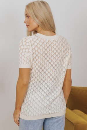 Beige Hollow Out Crochet O Neck Short Sleeve Sweater Tee - Image 2