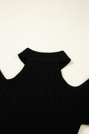 Black Ribbed Knit Cold Shoulder Choker Neck Sweater - Image 6