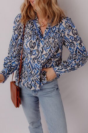 Blue Bohemian Print Embroidered V Neckline Detail Long Sleeve Shirt - Image 8