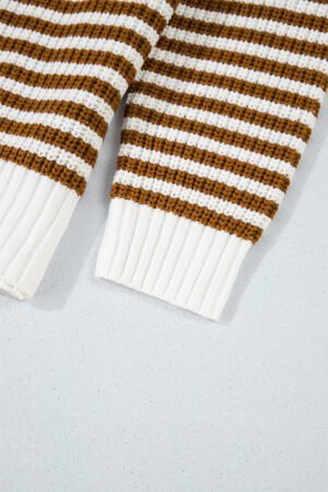 Khaki Stripe Zip up Collar Drop Shoulder Sweater - Image 8