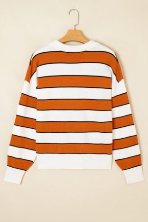 Brown Stripe Ribbed Polo Collar Drop Shoulder Sweater - Image 6