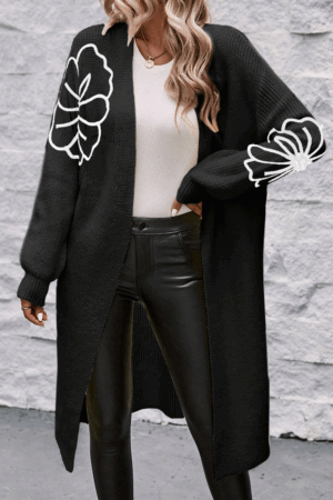 Black Flower Embroidered Drop Shoulder Open Front Duster Cardigan