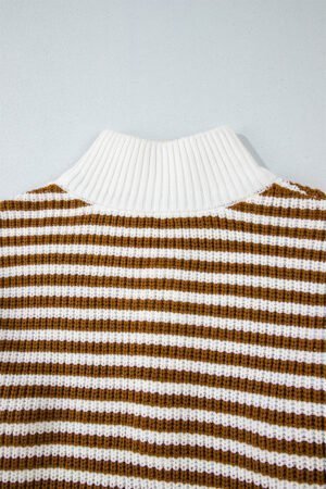 Khaki Stripe Zip up Collar Drop Shoulder Sweater - Image 5