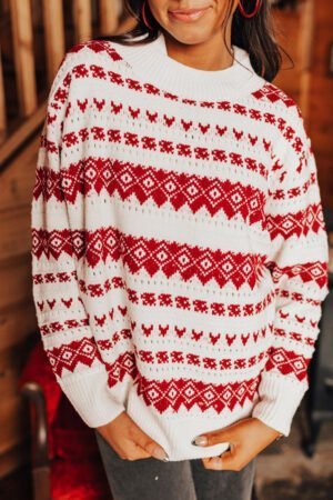 White Western Geometric Patterned Crew Neck Loose Sweater - Image 6