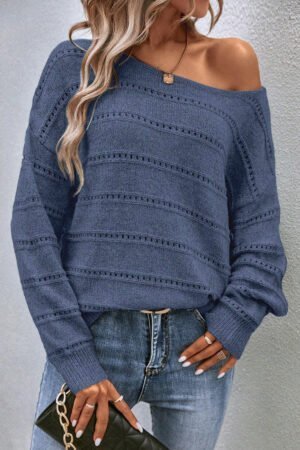 Real Teal Boat Neck Drop Shoulder Pointelle Knit Sweater - Image 5