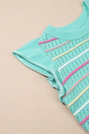 Green Colorful Striped Eyelet Knit Ruffled Sleeve Sweater T Shirt - Image 7