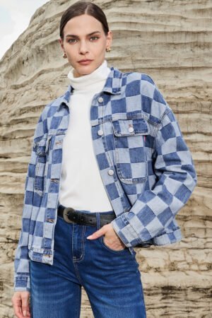 Light Blue Checkered Patchwork Button up Denim Jacket - Image 5