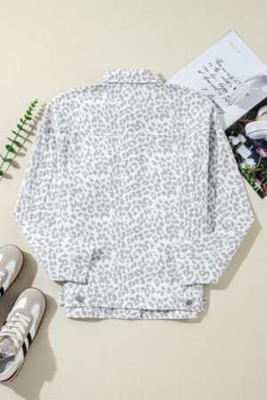 White Leopard Printed Flap Pocket Denim Jacket - Image 5
