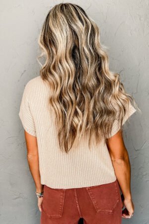Oatmeal Patch Pocket Ribbed Knit Short Sleeve Sweater - Image 2