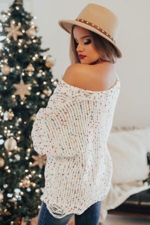 White Colorful Confetti Distressed Knit Sweater - Image 2