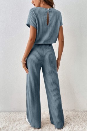 Dusk Blue Ribbed Keyhole Short Sleeve Wide Leg Jumpsuit - Image 2