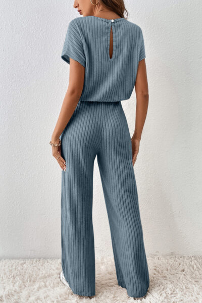 Dusk Blue Ribbed Keyhole Short Sleeve Wide Leg Jumpsuit