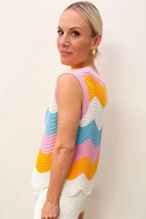 Multicolour Striped Colorblock Scalloped Hem Knitted Vest - Image 4