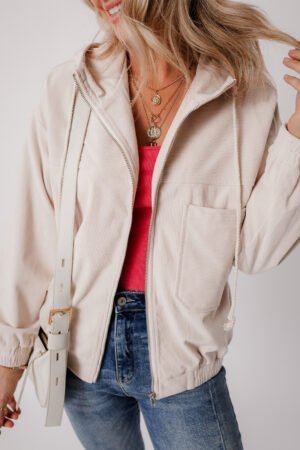 White Corduroy Drawstring Hooded Pocket Zip Up Jacket - Image 4