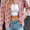 Pink Floral Button Down Ribbed Banded Cardigan Sweater