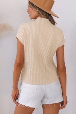 Oatmeal Patch Pocket Ribbed Knit Short Sleeve Sweater - Image 4