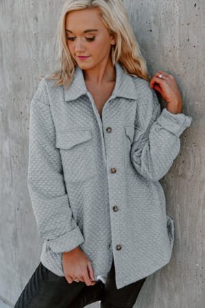 Gray Retro Quilted Flap Pocket Button Shacket - Image 2