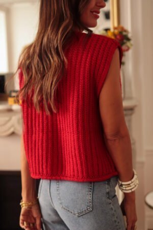 Fiery Red Solid Textured Knit Side Pockets Buttoned Sweater Vest - Image 2
