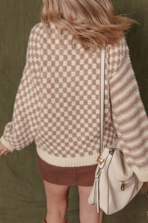 Alternative view of Khaki Stripe Checkerboard Drop Shoulder Balloon Sleeve Sweater
