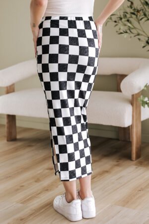 White Checkered Print Side Slit High Waist Midi Skirt - Image 3