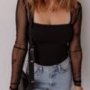 Black Polka Dot Mesh Long Sleeve Square Neck Bodysuit