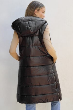 Black Hooded Long Quilted Vest Coat - Image 2