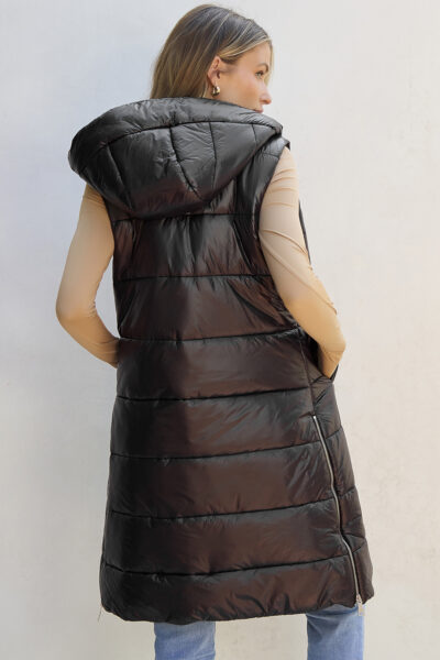 Black Hooded Long Quilted Vest Coat
