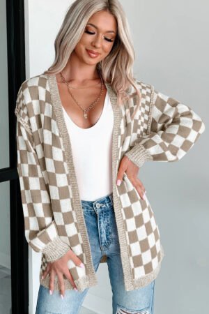 Brown Checkered Open Front Drop Shoulder Cardigan - Image 3
