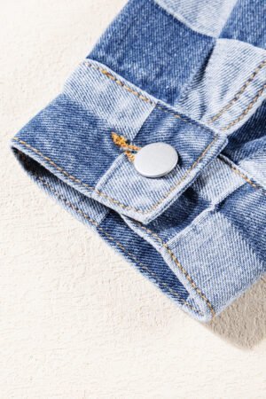 Light Blue Checkered Patchwork Button up Denim Jacket - Image 9
