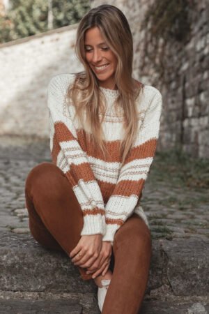 White Striped Knit Puff Sleeve Casual Sweater - Image 3