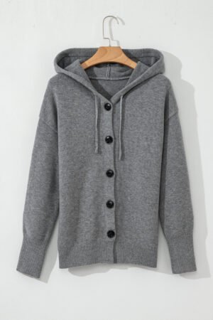 Medium Grey Drawstring Hooded Button Up Drop Shoulder Sweater Cardigan - Image 5