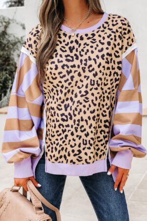 Purple Stripe Color Block Patchwork Leopard Casual Sweatshirt with Slits - Image 5