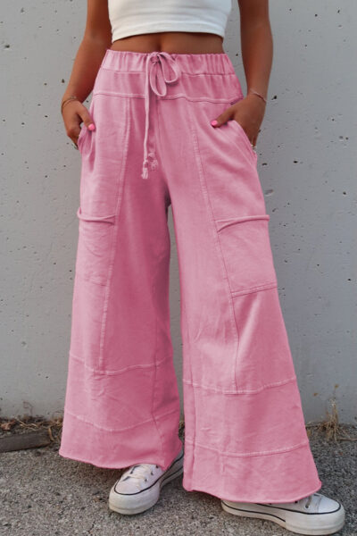 Bonbon Mineral Wash Exposed Seam Drawstring Elastic Waistband Wide Leg Cargo Pants