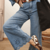 Dusk Blue Embroidered Cropped Wide Leg High Waist Jeans