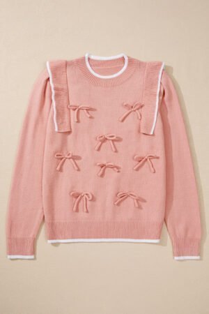 Light Pink Ruffled Bowknot Ribbed Trim Long Sleeve Sweater - Image 7