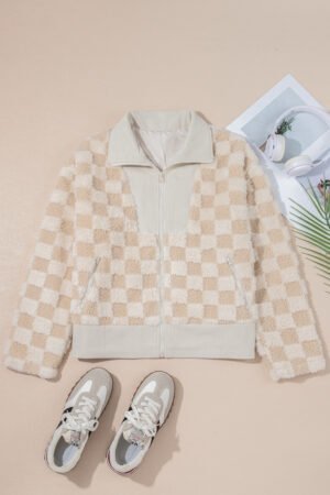 Khaki Checker Sherpa Corduroy Patchwork Zip up Collared Jacket - Image 15