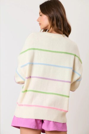 White Rainbow Stripes Drop Shoulder Baggy Henley Sweater - Image 3