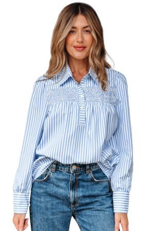 Sky Blue Stripe Shirred Detail Half Placket Collared Long Sleeve Fall Shirt - Image 18