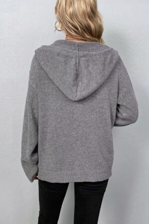 Medium Grey Drawstring Hooded Button Up Drop Shoulder Sweater Cardigan - Image 2