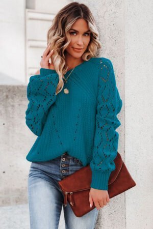 Blue-3 Hollow-out Puffy Sleeve Knit Sweater - Image 2