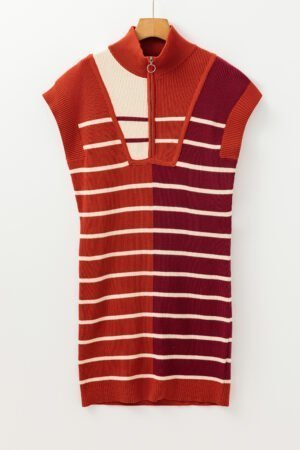 Brown Stripe Color Block Quarter Zip Collar Short Sleeve Sweater Dress - Image 6