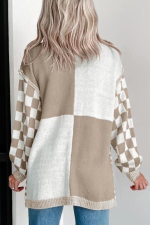 Alternative view of Brown Checkered Open Front Drop Shoulder Cardigan