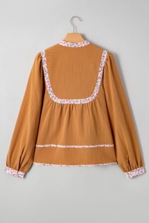 Straw Yellow Split Neck Pleated Floral Trim Long Puff Sleeve Blouse - Image 2