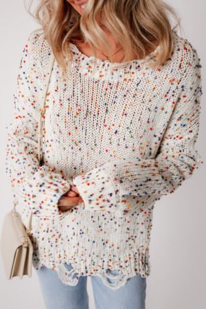 White Colorful Confetti Distressed Knit Sweater - Image 3
