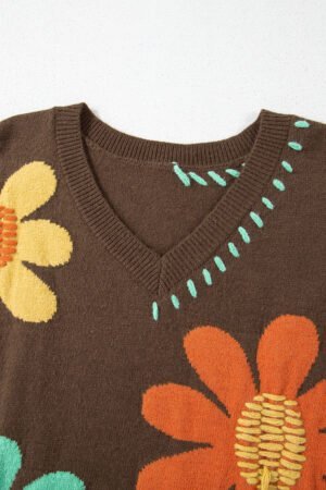 Coffee Big Flower Pattern V Neck Drop Shoulder Sweater - Image 8