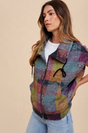 Multicolor Plaid Print Side Pockets Zipped Loose Vest - Image 4
