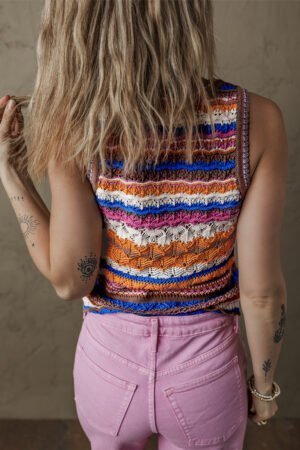 Dark Blue Striped Textured Knit Crew Neck Sweater Vest - Image 2