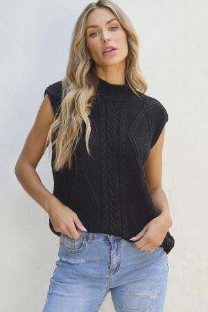 Black Solid Color Cable Knit High Neck Sweater Vest - Image 5