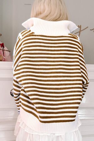 Khaki Stripe Zip up Collar Drop Shoulder Sweater - Image 2